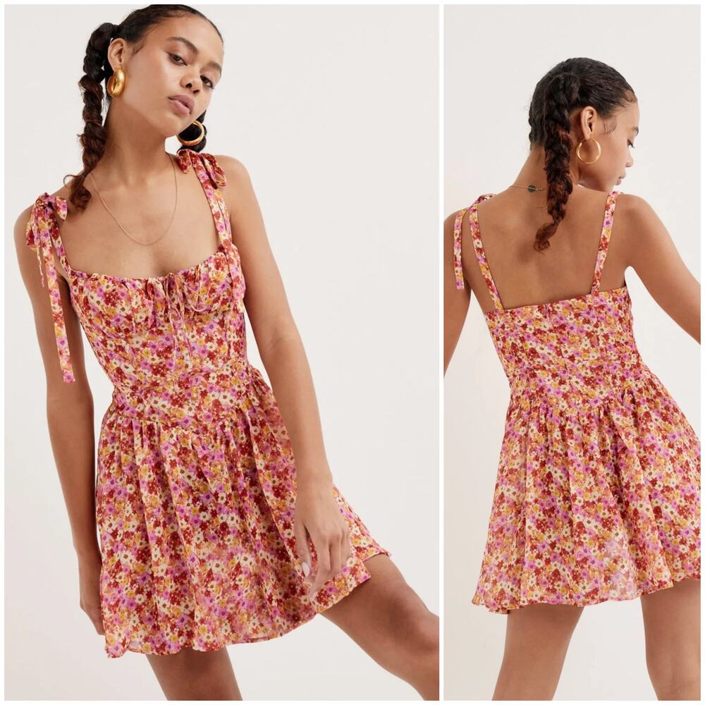 For Love and Lemons $225 Small Felicia Mini Dress Red Orange Floral print